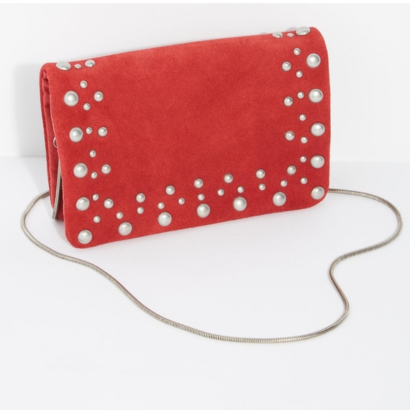 Free People Kingston Ruby Red Suede Silver Studs & Chain Strap Crossbody Bag NWT - Picture 5 of 8